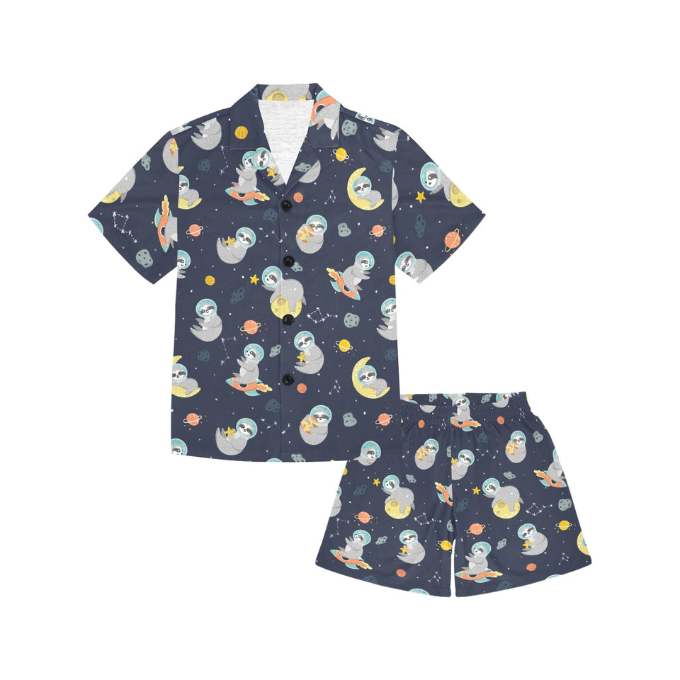 Cute sloth astronaut star planet rocket pattern Kids' Boys' Girls' V-Neck Short Pajama Set
