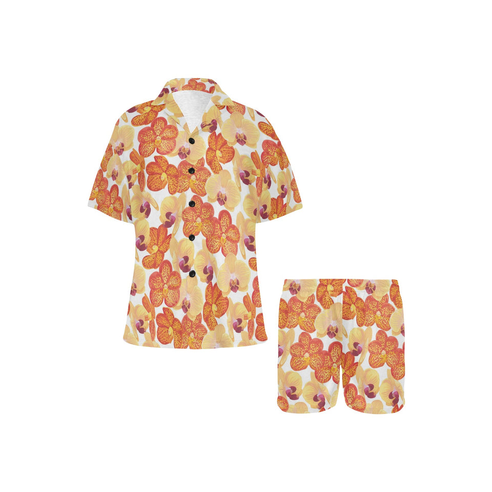 Orange yellow orchid flower pattern background Women's V-Neck Short Pajama Set