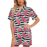 Watercolor paint textured watermelon pieces Women's V-Neck Short Pajama Set