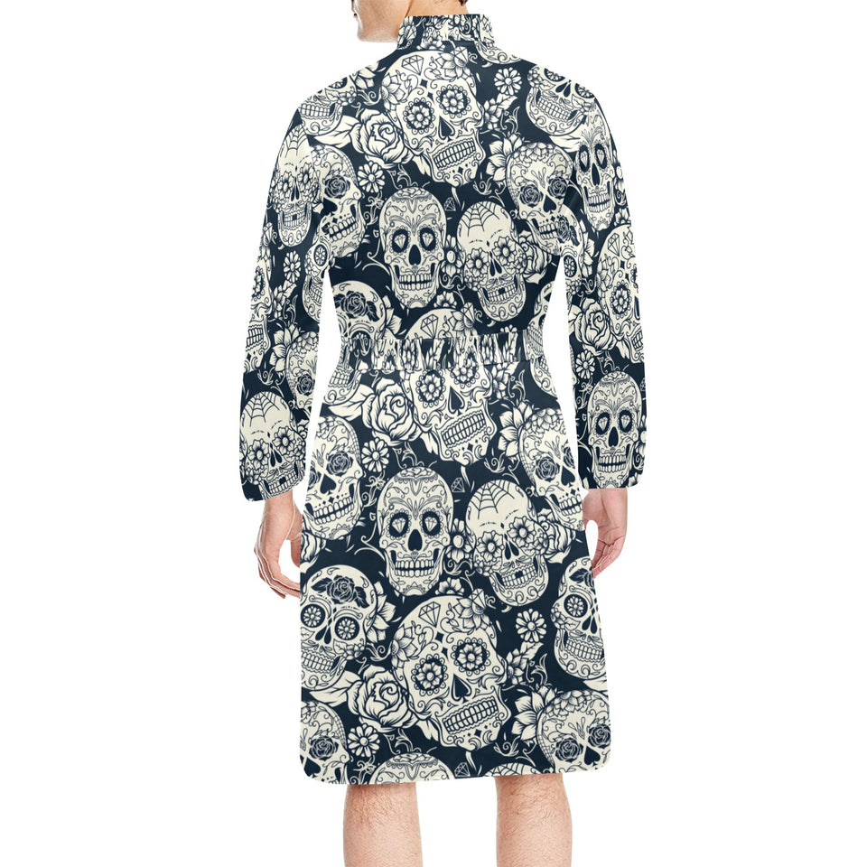 Sugar skull black white pattern Men's Long Sleeve Belted Night Robe