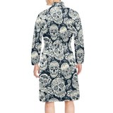 Sugar skull black white pattern Men's Long Sleeve Belted Night Robe