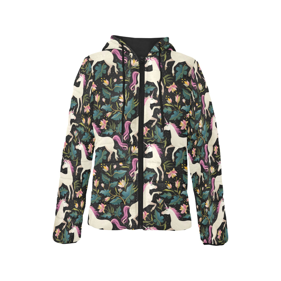 Unicorns forest background Women's Padded Hooded Jacket