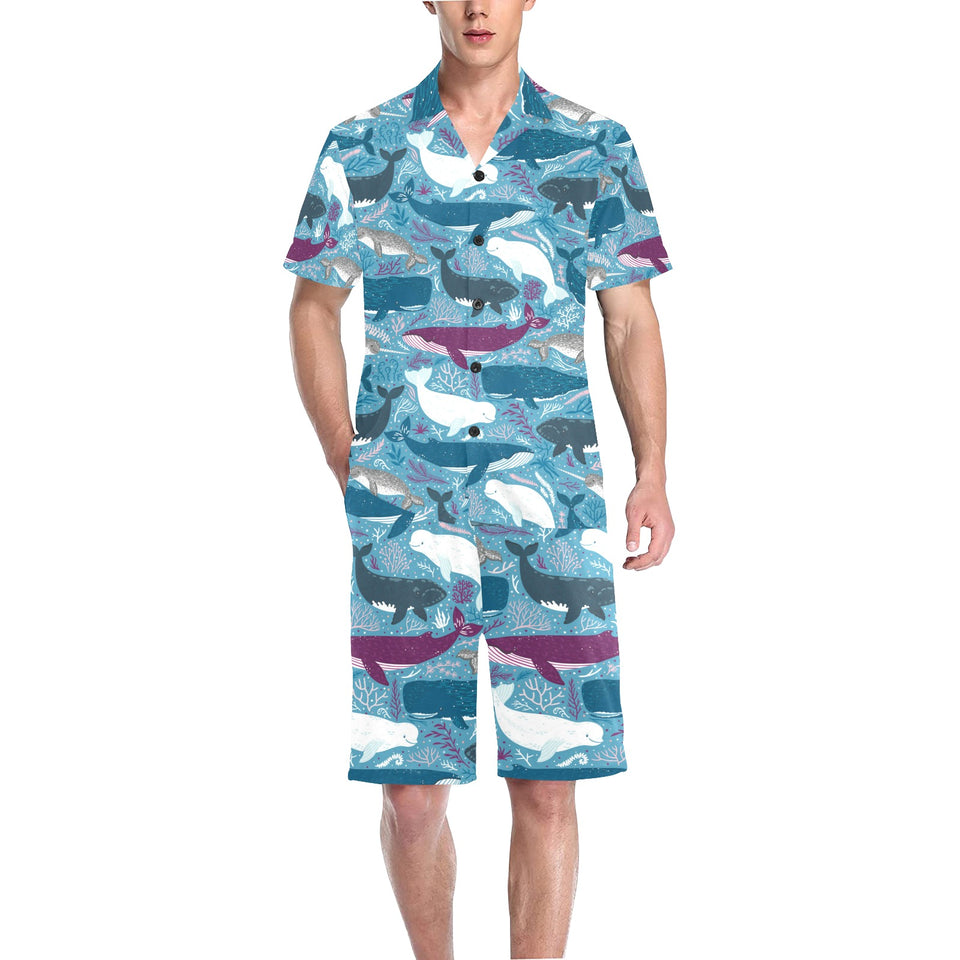 Whale design pattern Men's V-Neck Short Pajama Set