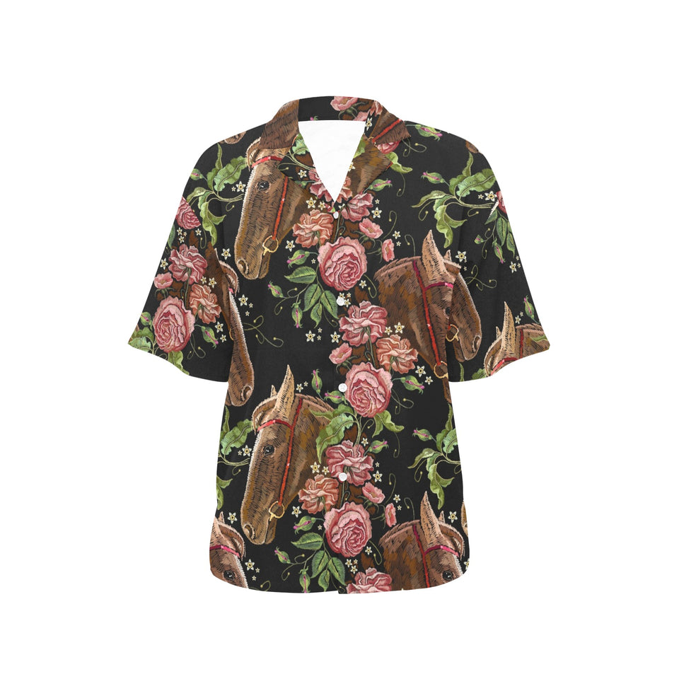 Horse head wild roses pattern Women's All Over Print Hawaiian Shirt