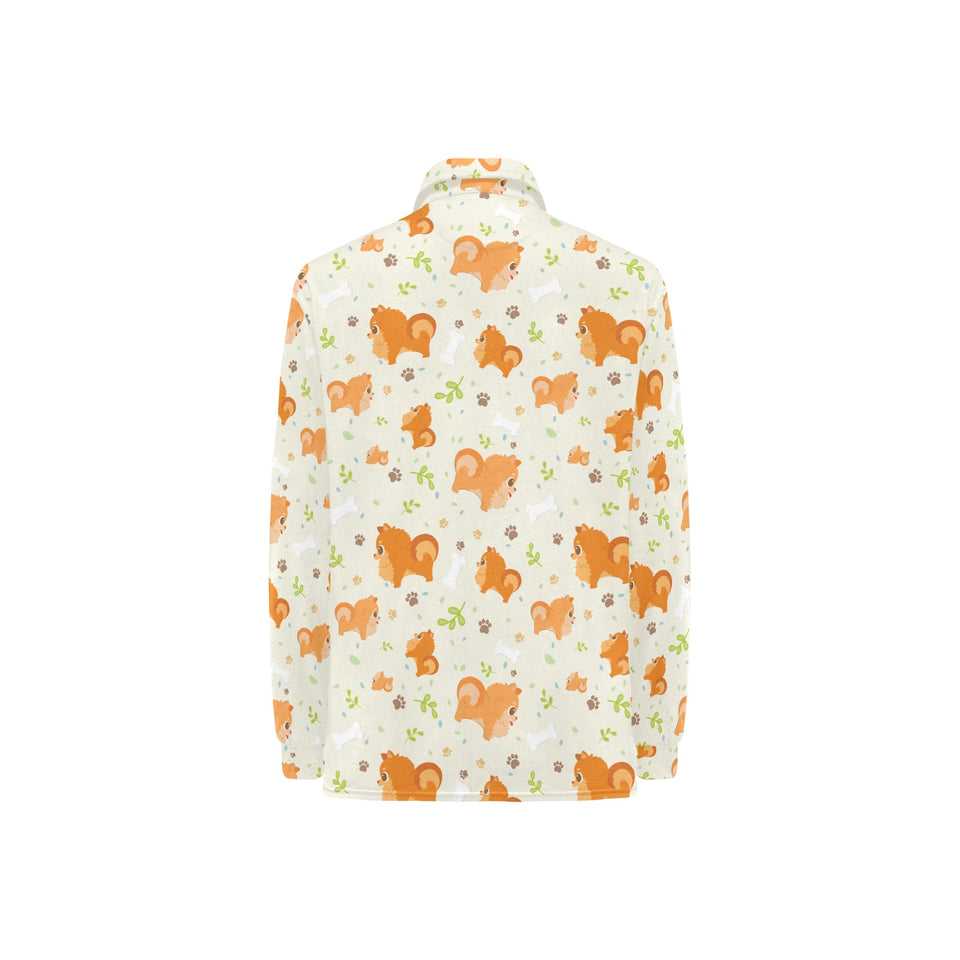 Cute brown pomeranian paw leave bone pattern Women's Long Sleeve Polo Shirt