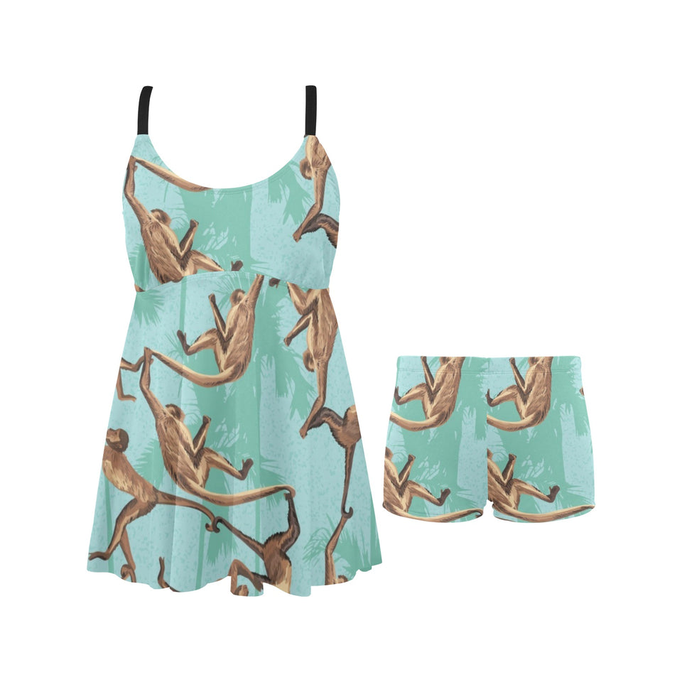 Monkey Palm tree background Chest Sexy Pleated Two Piece Swim Dress