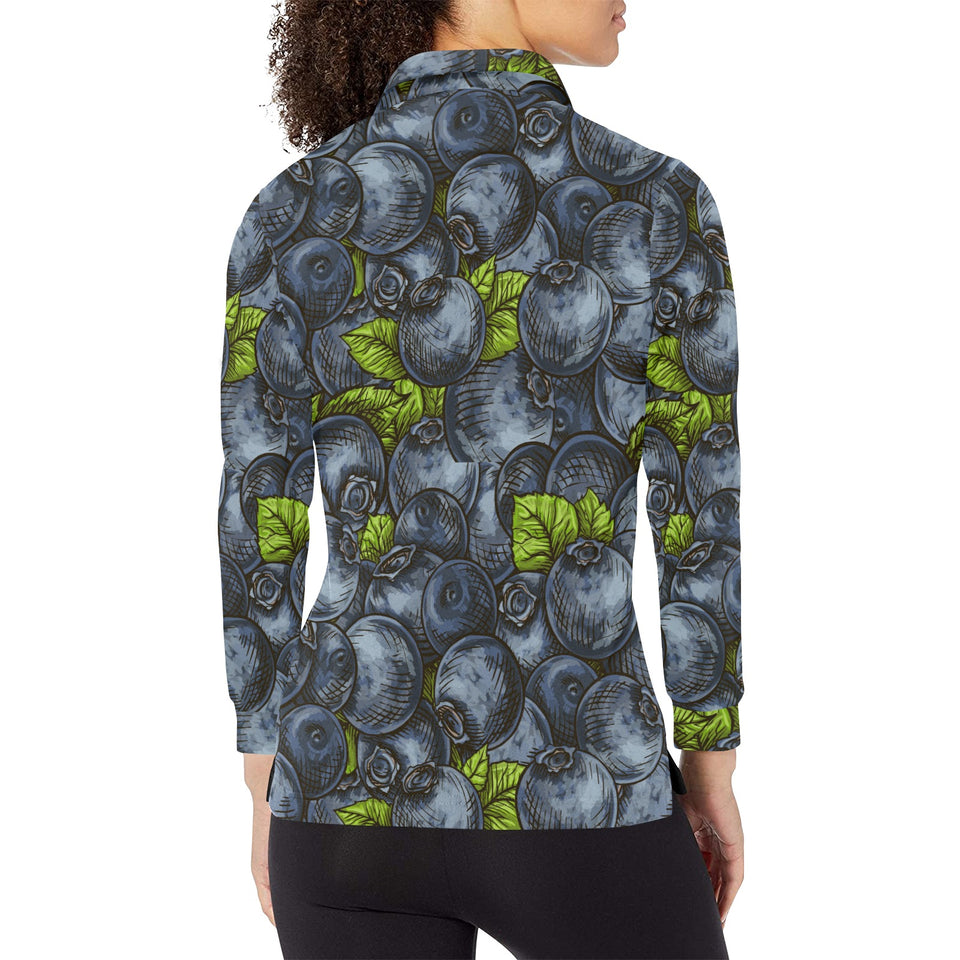 blueberry pattern Women's Long Sleeve Polo Shirt