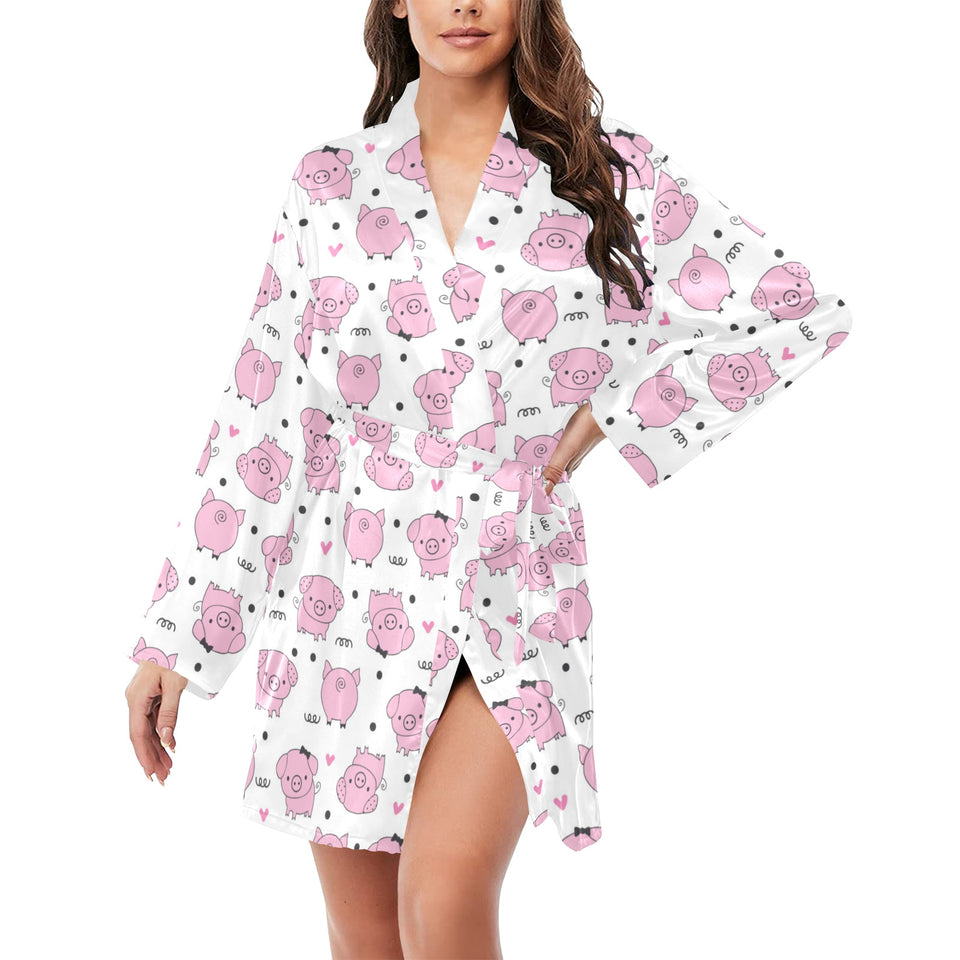 Pig Pattern Print Design 03 Women's Long Sleeve Belted Night Robe