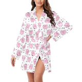Pig Pattern Print Design 03 Women's Long Sleeve Belted Night Robe