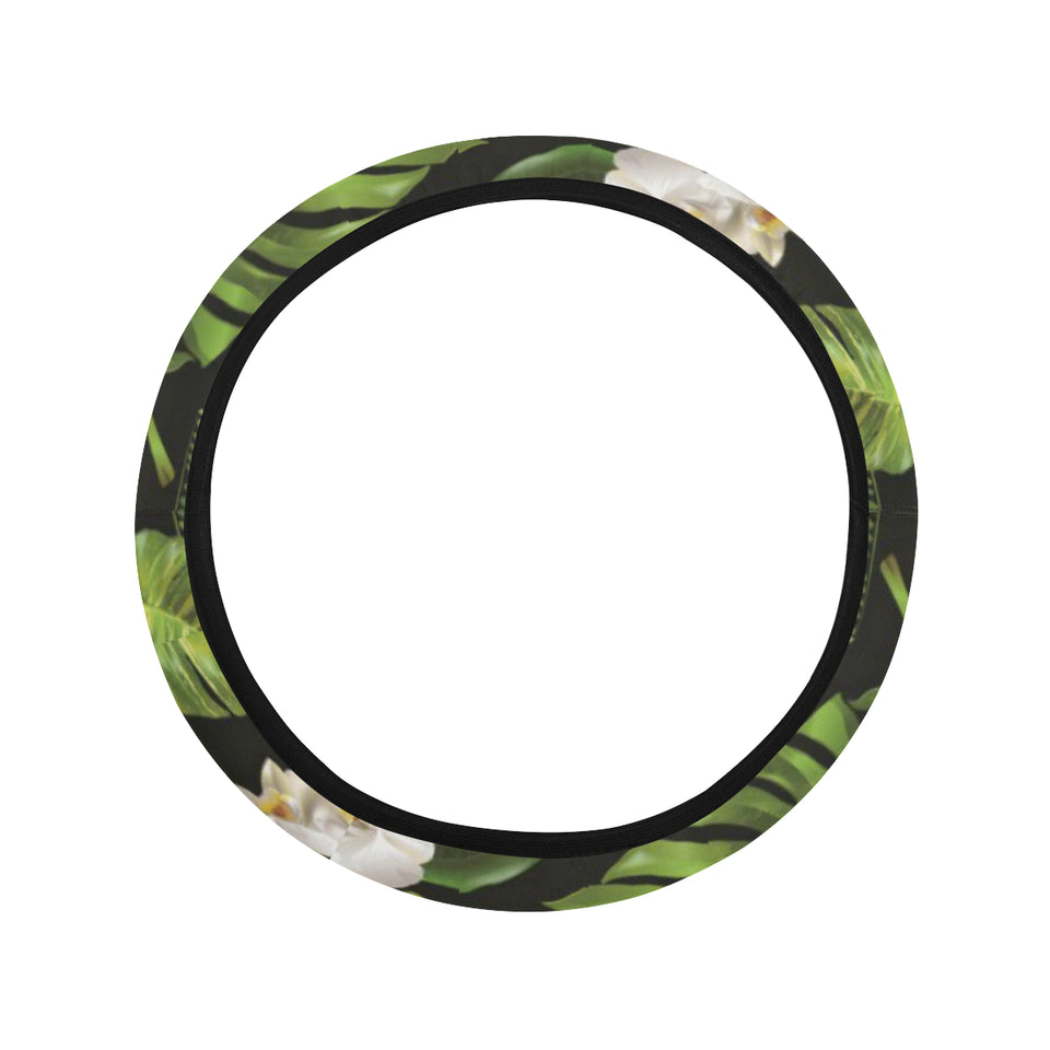 White orchid flower tropical leaves pattern blackg Car Steering Wheel Cover