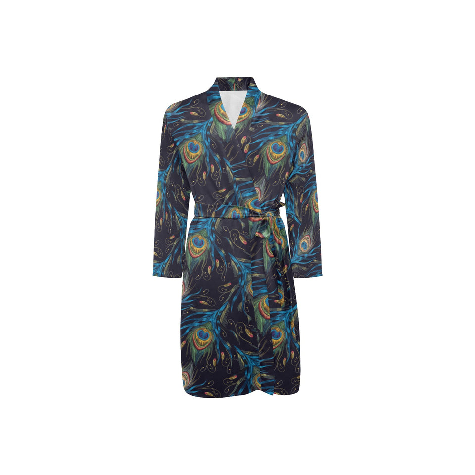 Beautiful peacock feather pattern Men's Long Sleeve Belted Night Robe
