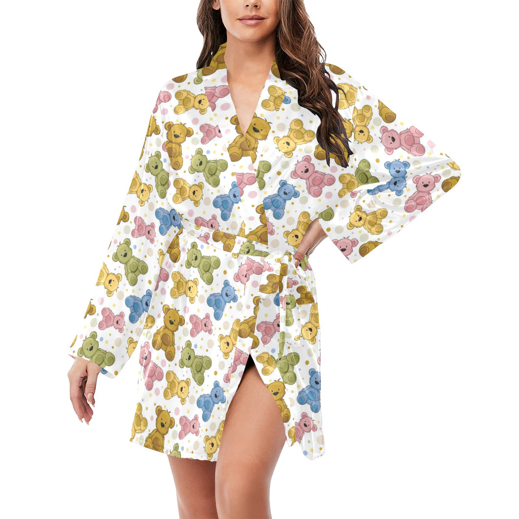 Teddy Bear Pattern Print Design 01 Women's Long Sleeve Belted Night Robe