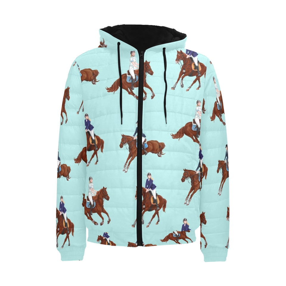 Horses running horses rider pattern Men's Padded Hooded Jacket