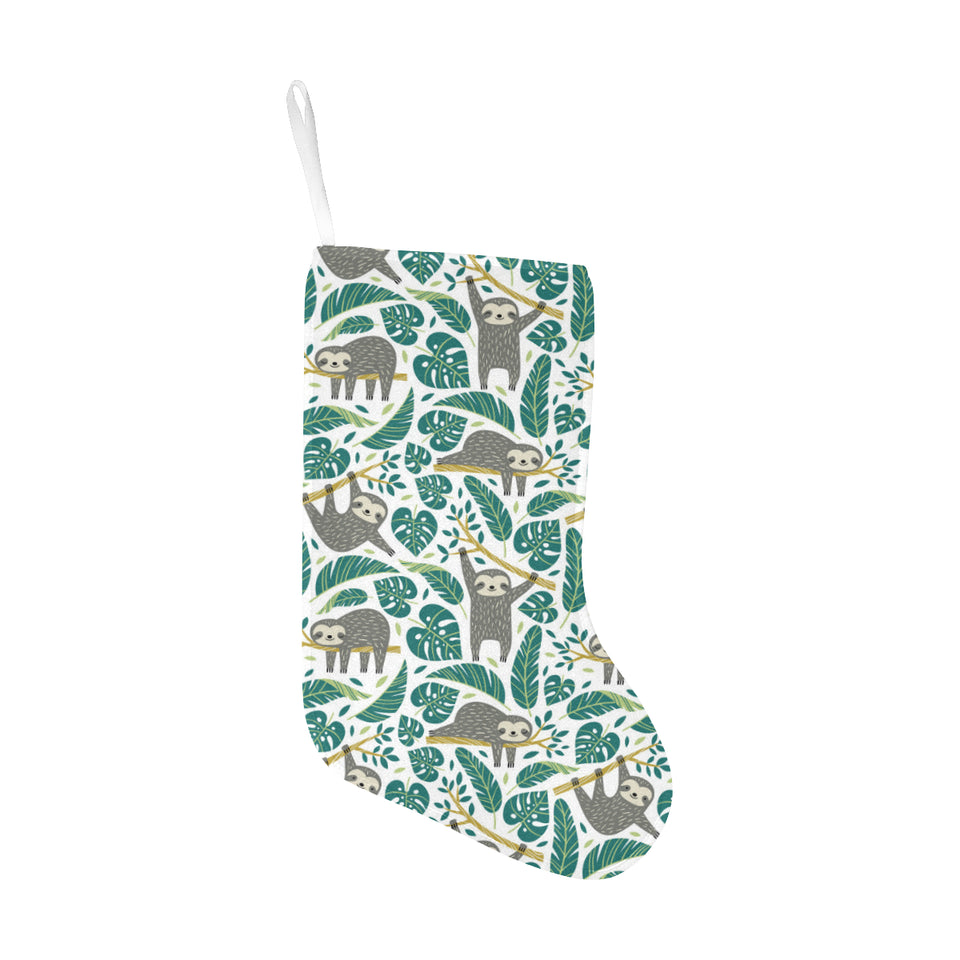 Cute sloths tropical palm leaves white background Christmas Stocking