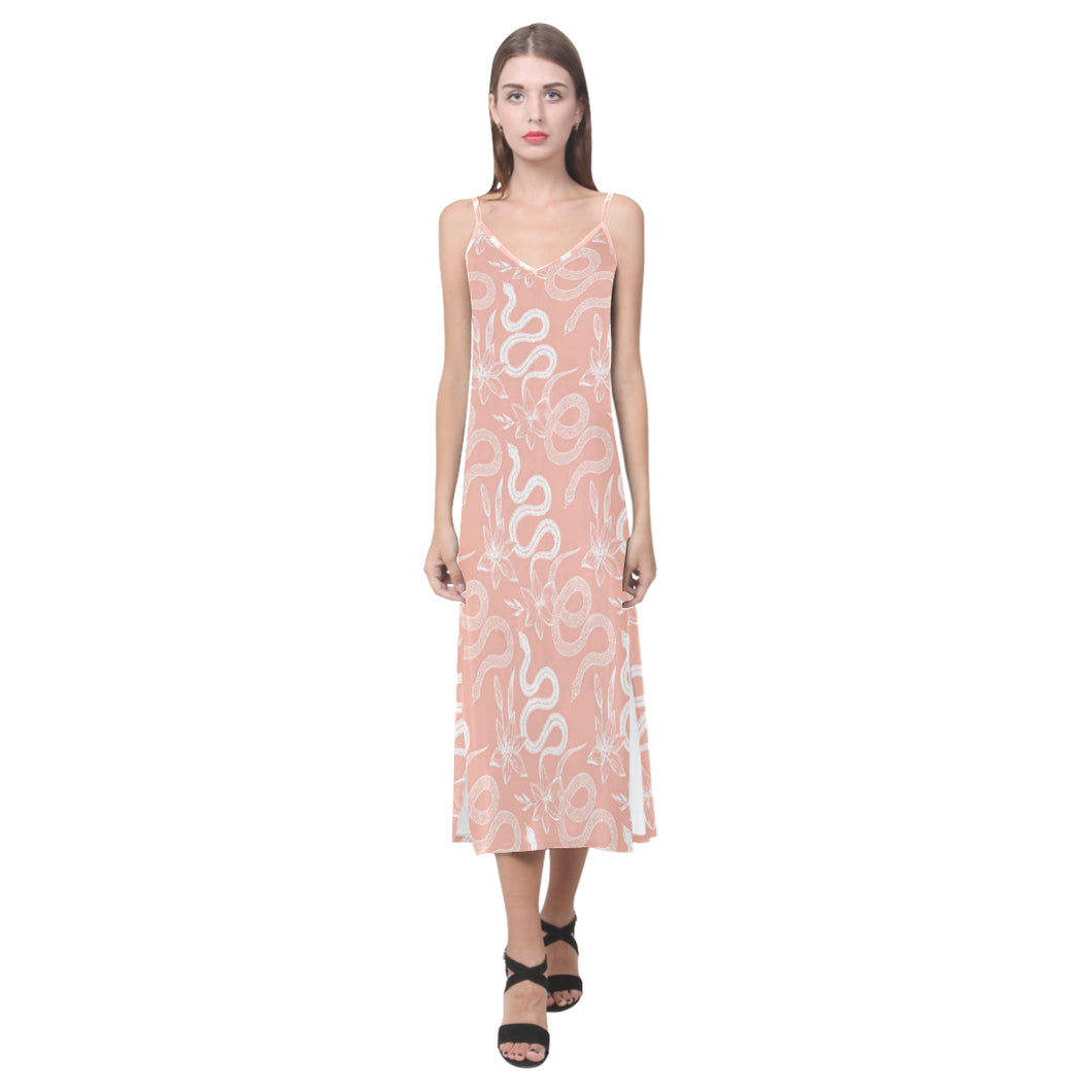 Snake lilies flower pattern V-Neck Open Fork Long Dress