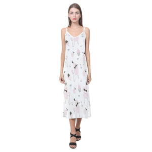 Poodle dog rose cake pattern V-Neck Open Fork Long Dress