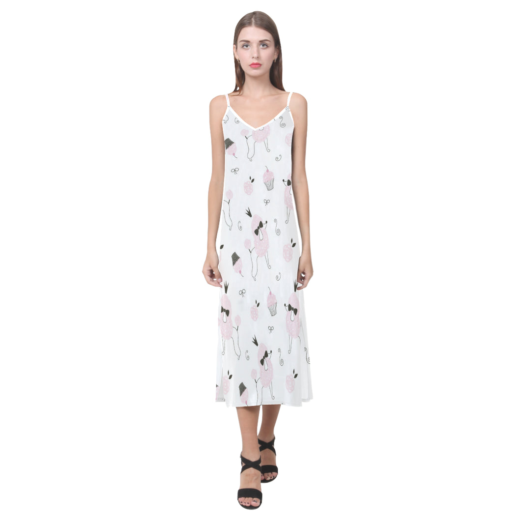 Poodle dog rose cake pattern V-Neck Open Fork Long Dress
