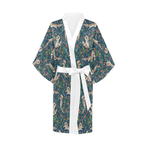 Raccoon tropical leaves pattern Women's Short Kimono Robe