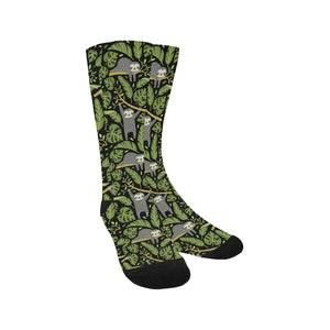 Cute sloths tropical palm leaves black background Crew Socks