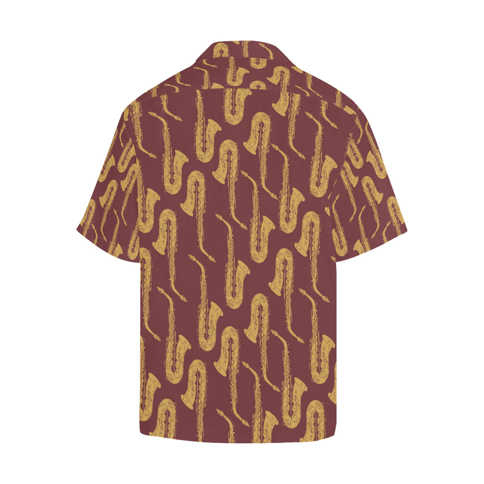 Hand drawn gold saxophone red background Men's All Over Print Hawaiian Shirt