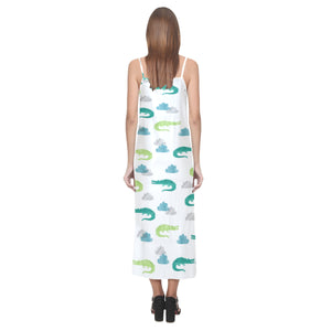 watercolor crocodile pattern V-Neck Open Fork Long Dress