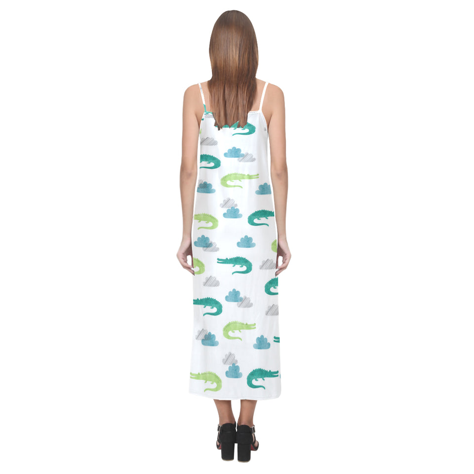 watercolor crocodile pattern V-Neck Open Fork Long Dress