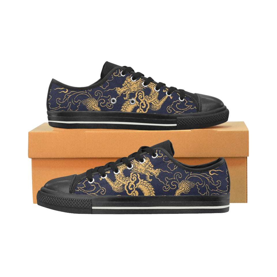 Gold dragon pattern Men's Low Top Canvas Shoes Black