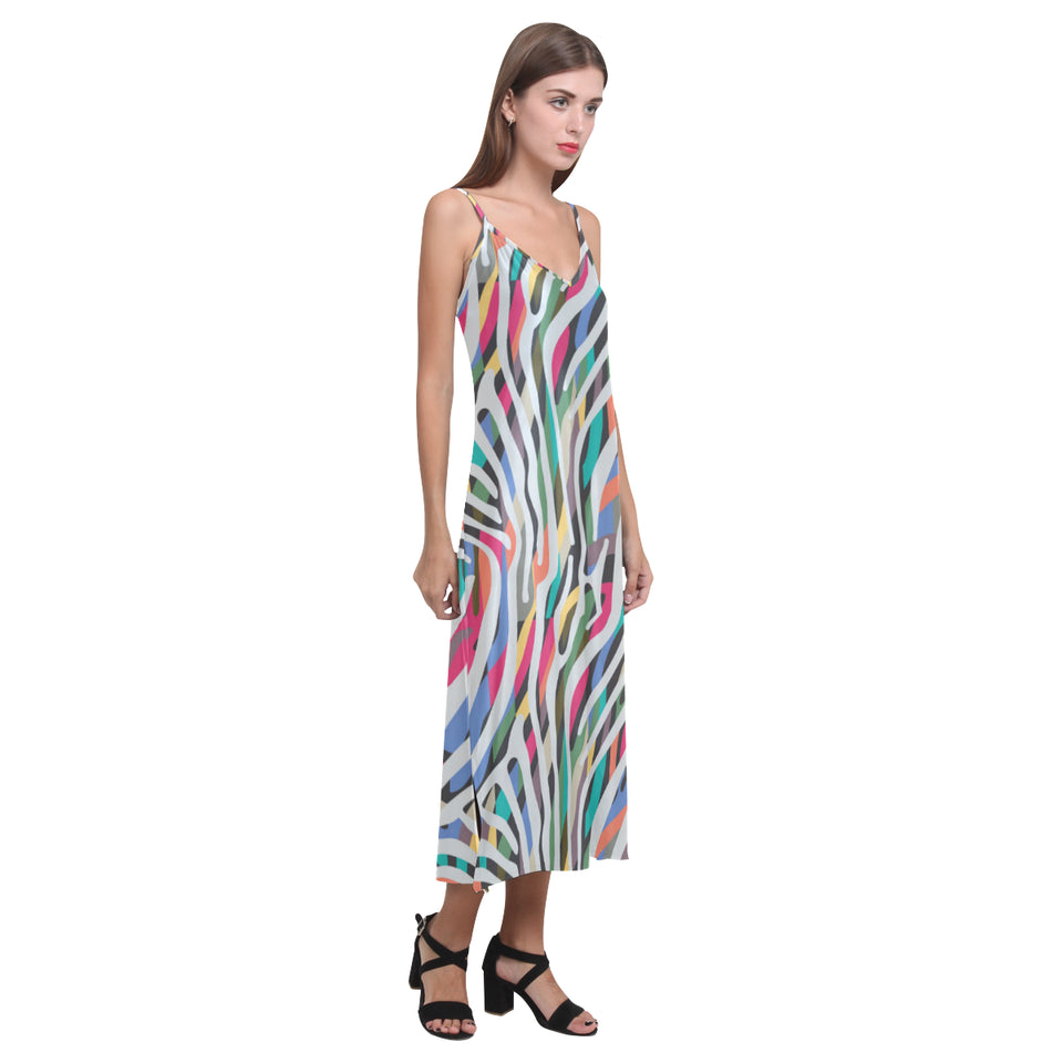 Colorful zebra skin pattern V-Neck Open Fork Long Dress