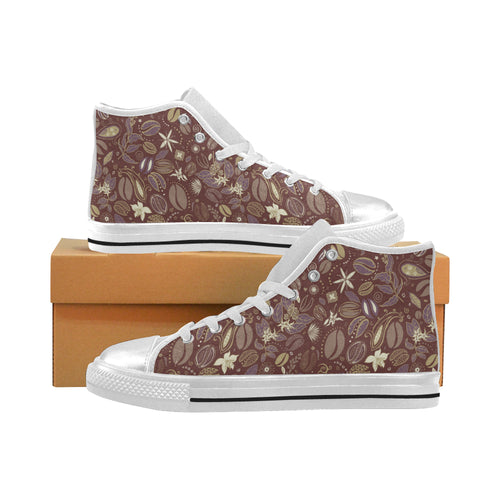 Coffee bean flower pattern Women's High Top Canvas Shoes White