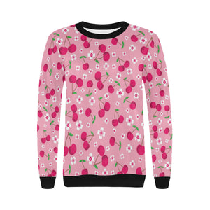 cherry flower pattern pink background Women's Crew Neck Sweatshirt