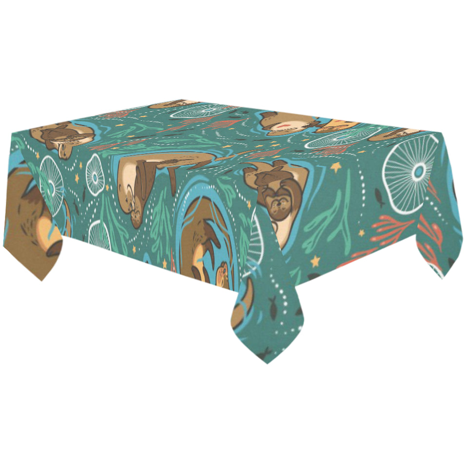cute brown sea otters ornamental seaweed corals gr Tablecloth