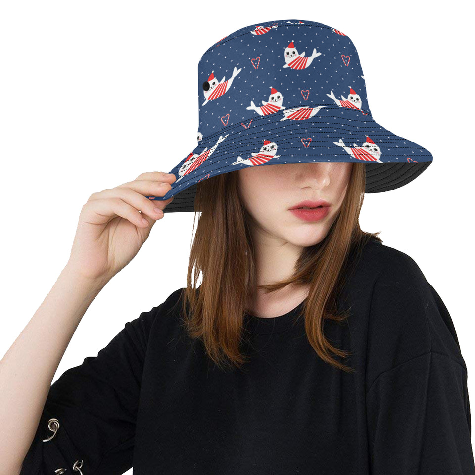 Cute sea lion seal christmas hat candy cane heart Unisex Bucket Hat