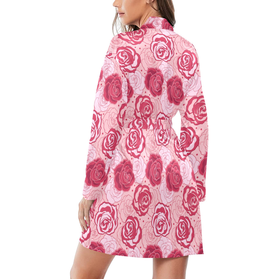 Rose Pattern Print Design 02 Women's Long Sleeve Belted Night Robe