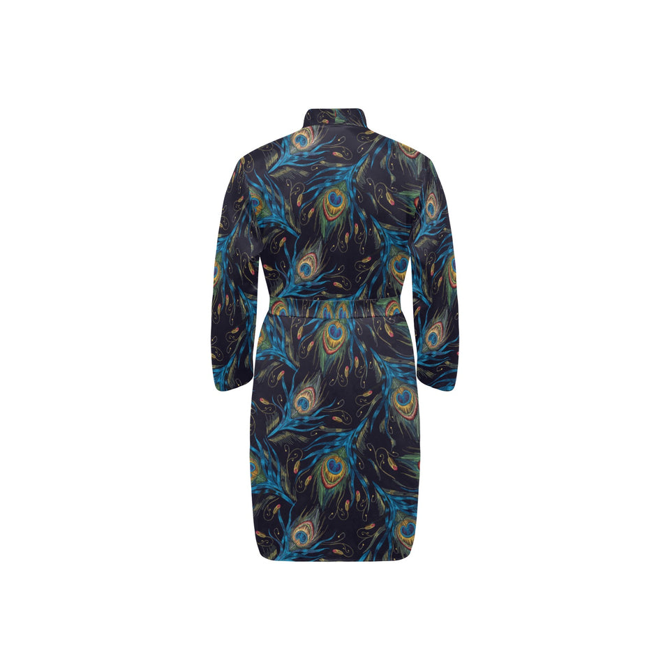 Beautiful peacock feather pattern Men's Long Sleeve Belted Night Robe