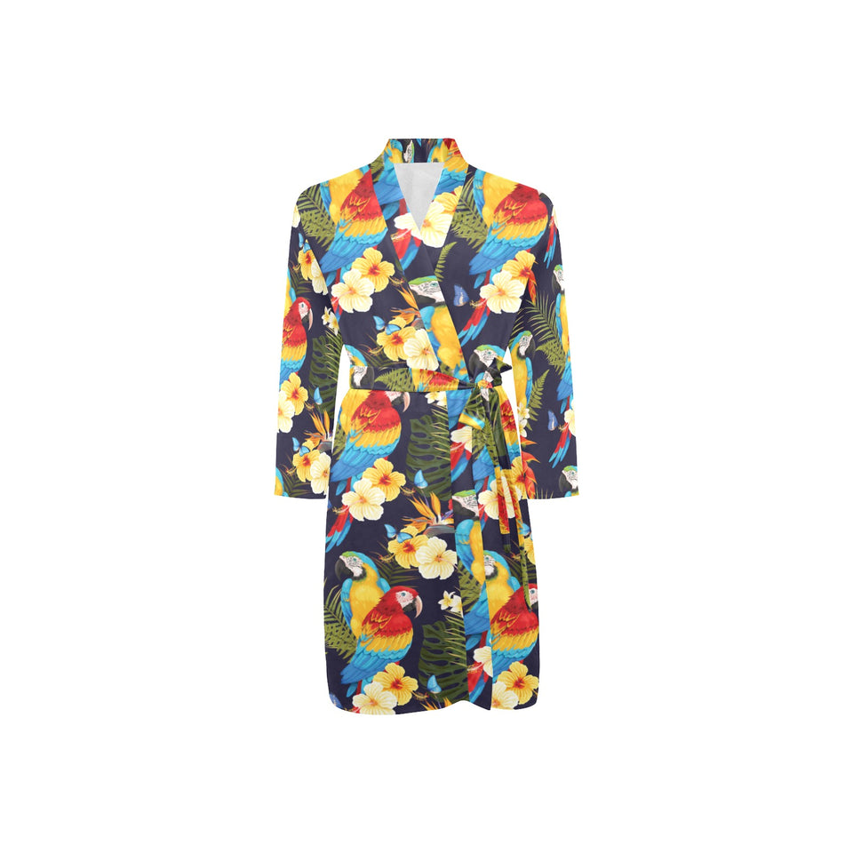 Colorful parrot flower pattern Men's Long Sleeve Belted Night Robe