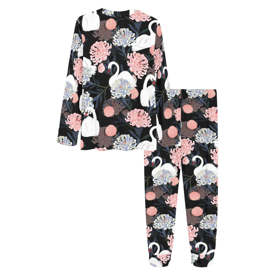 white swan blooming flower pattern Women's All Over Print Pajama Set