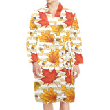 Maple leaf oak leaf acorns beige striped backgroun Men's Long Sleeve Belted Night Robe