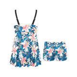Hibiscus Pattern Print Design 02 Chest Sexy Pleated Two Piece Swim Dress