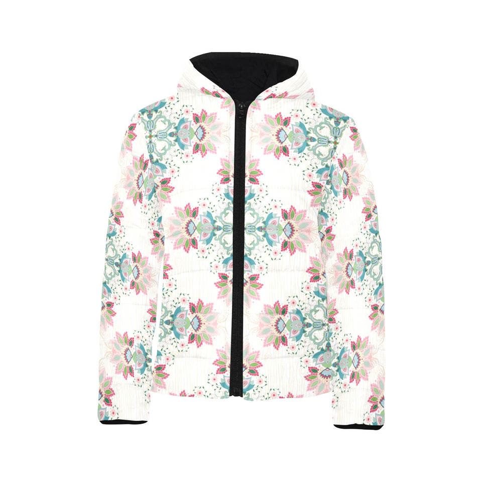 Square floral indian flower pattern Kids' Boys' Girls' Padded Hooded Jacket