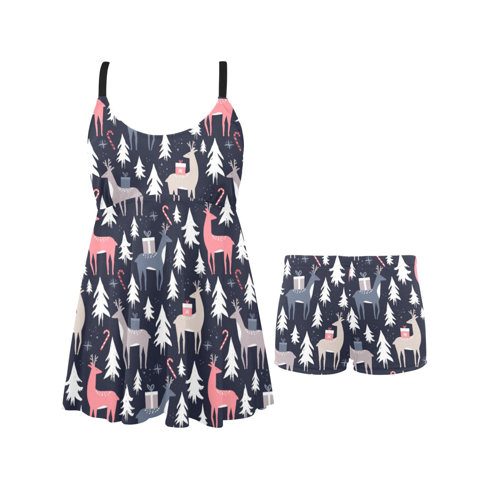 Deers Winter Christmas pattern Chest Sexy Pleated Two Piece Swim Dress