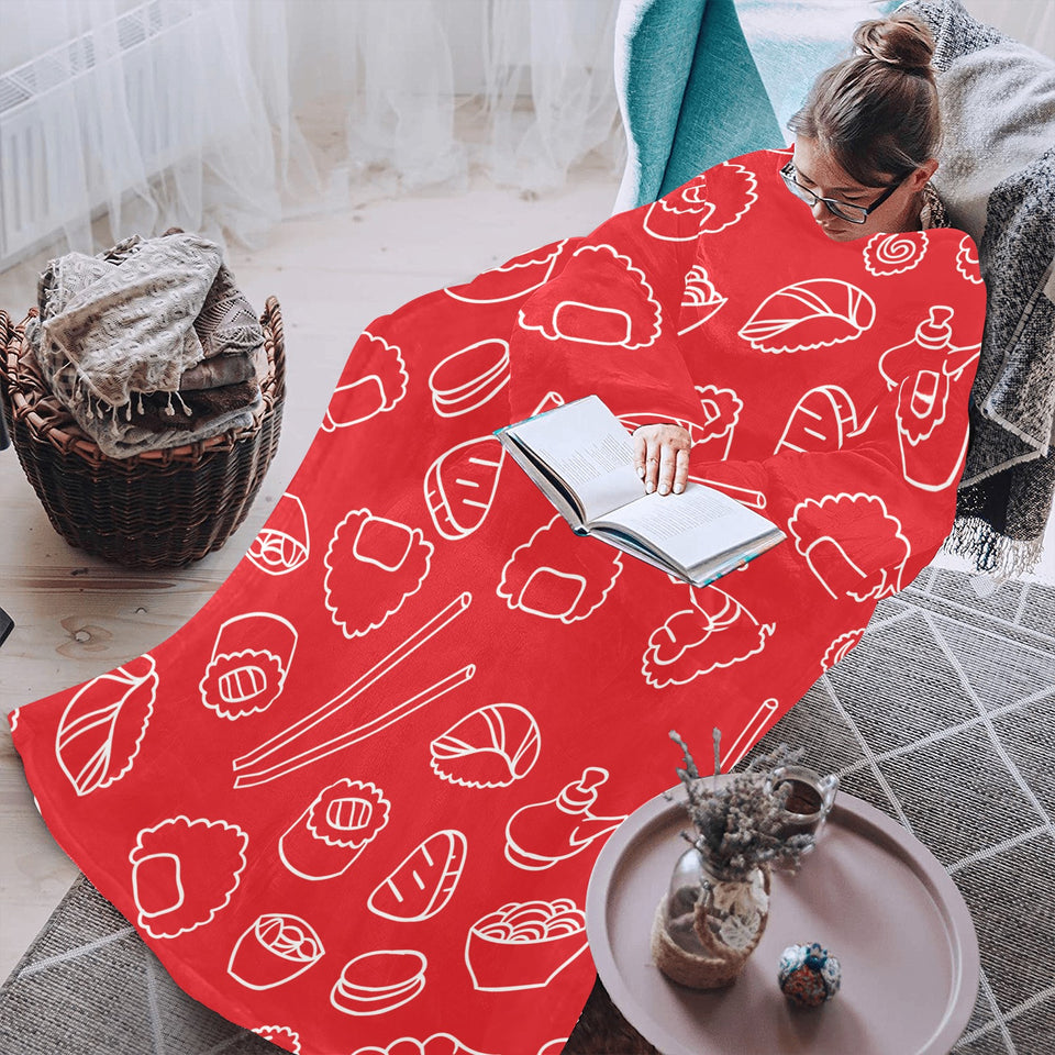sushi pattern red background Blanket Robe with Sleeves