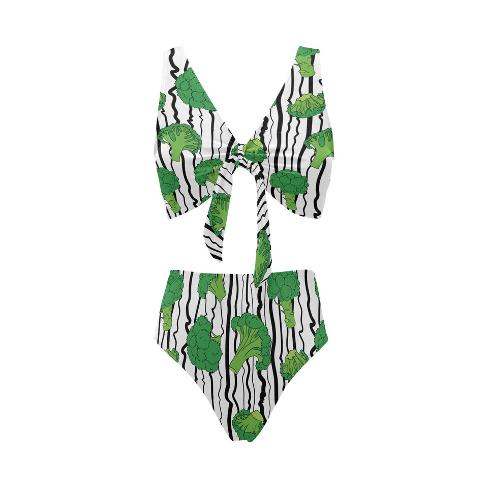 Cool Broccoli pattern Chest Bowknot High Waisted Bikini Swimsuit