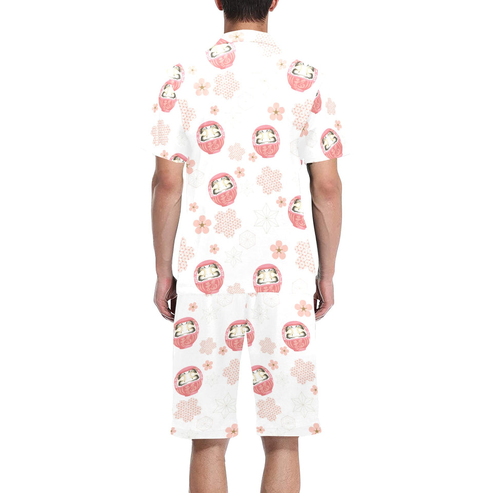 Daruma japanese wooden doll cherry blossom flower Men's V-Neck Short Pajama Set