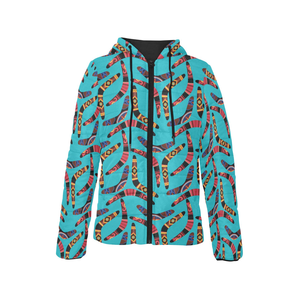 Boomerang Australian aboriginal ornament blue back Women's Padded Hooded Jacket