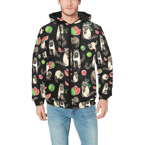Raccoon watermelon pattern Men's Padded Hooded Jacket