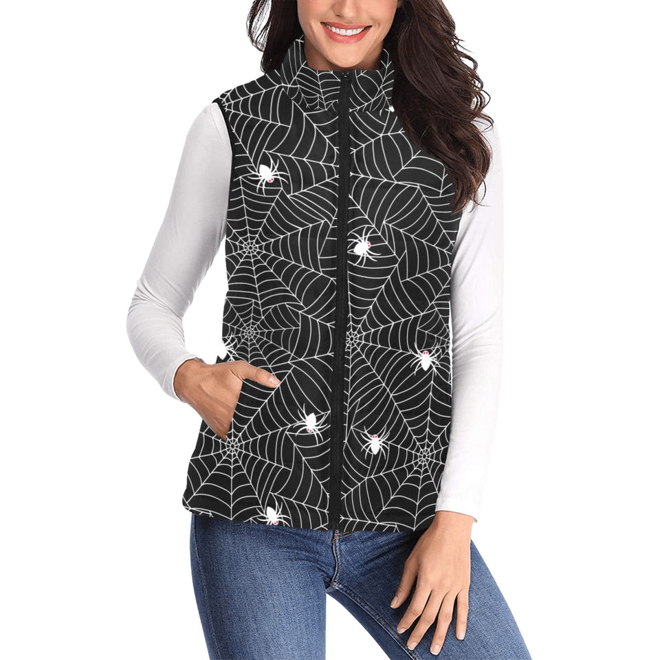 Spider web design pattern Black background white c Women's Padded Vest