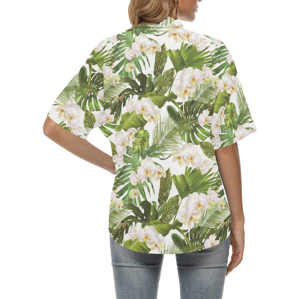 White orchid flower tropical leaves pattern Women's All Over Print Hawaiian Shirt