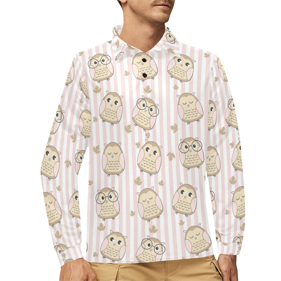 cute owl leaf Men's Long Sleeve Polo Shirt