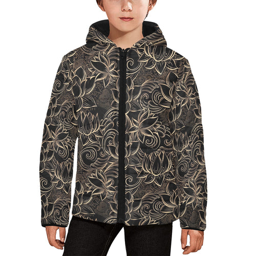luxurious gold lotus waterlily black background Kids' Boys' Girls' Padded Hooded Jacket