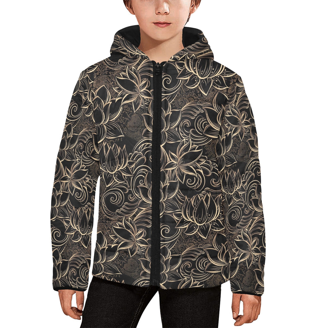 luxurious gold lotus waterlily black background Kids' Boys' Girls' Padded Hooded Jacket